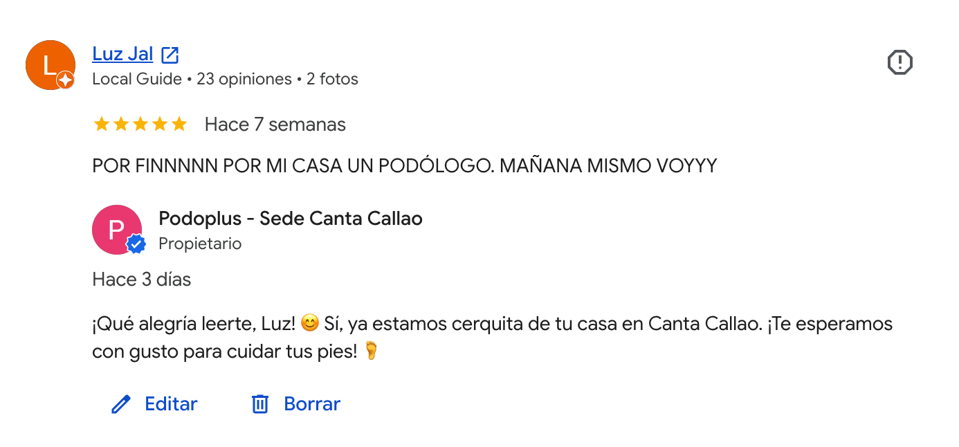 Reseña en Google de un paciente de Podoplus Canta Callao
