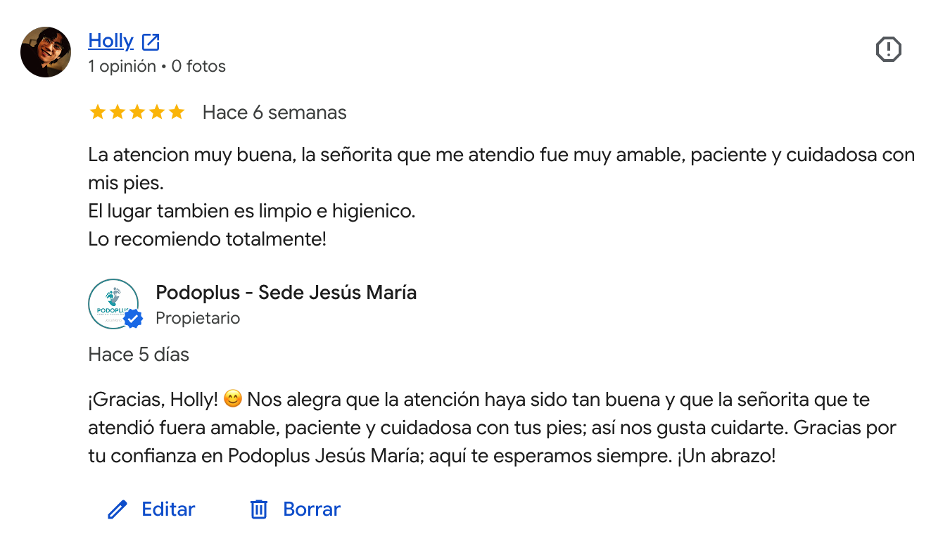 Reseña en Google de un paciente de Podoplus Jesús María