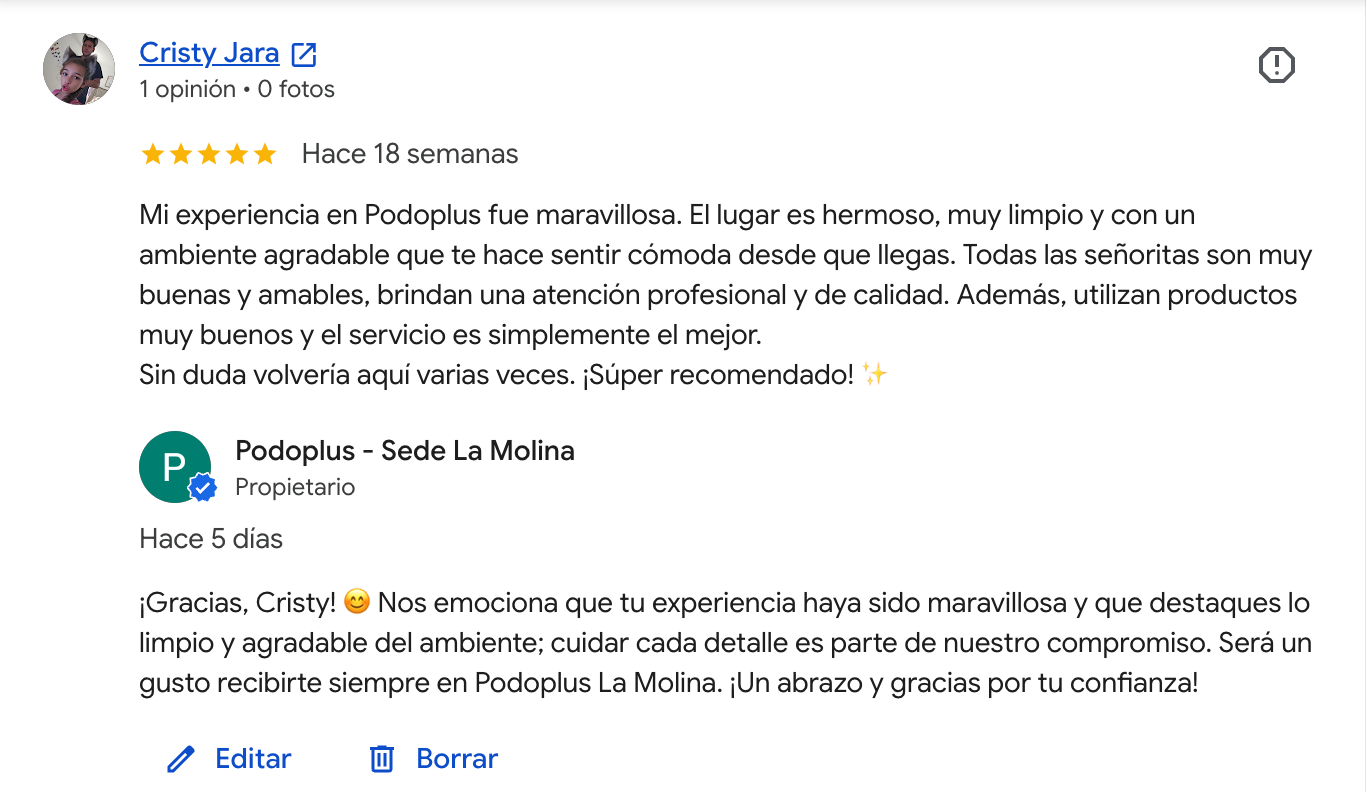 Reseña en Google de un paciente de Podoplus La Molina