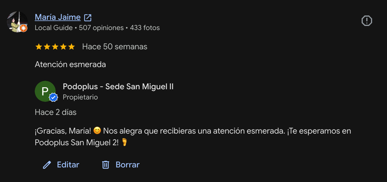 Reseña en Google de un paciente de Podoplus San Miguel