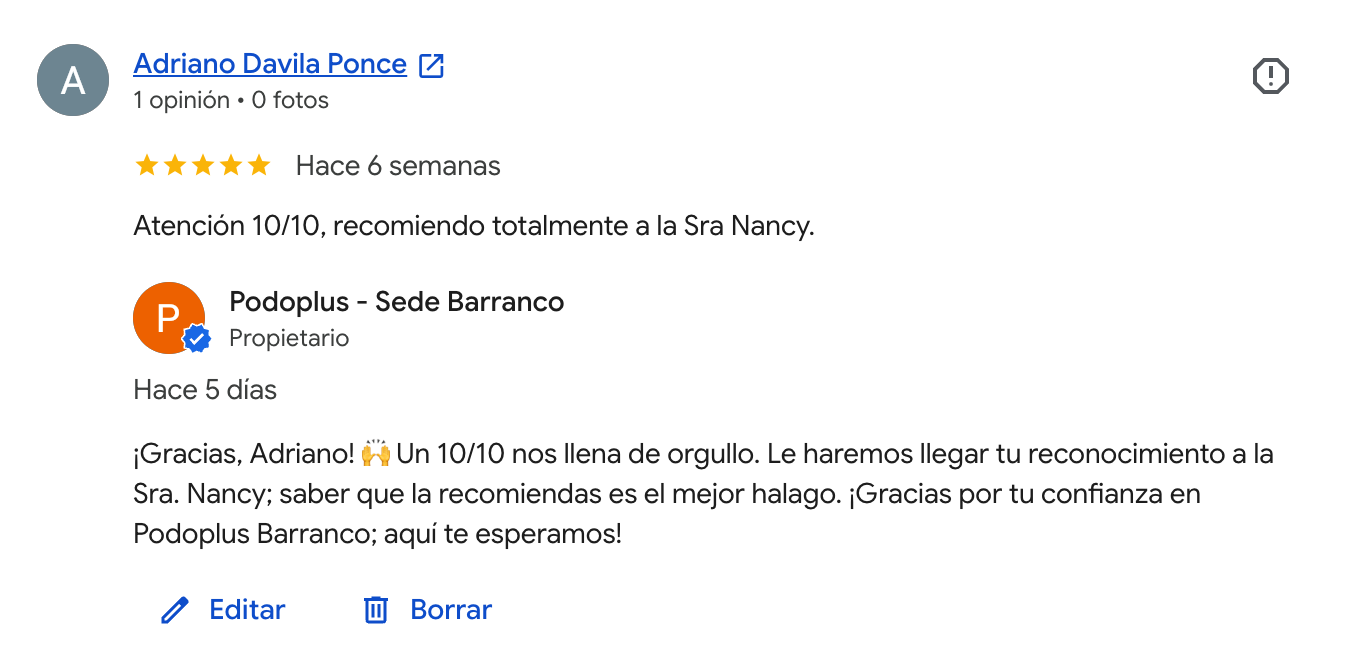 Reseña en Google de un paciente de Podoplus Barranco