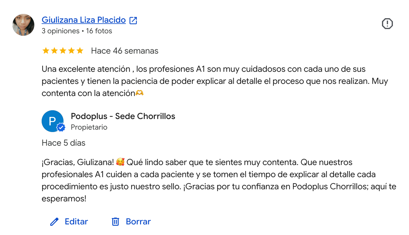 Reseña en Google de un paciente de Podoplus Chorrillos
