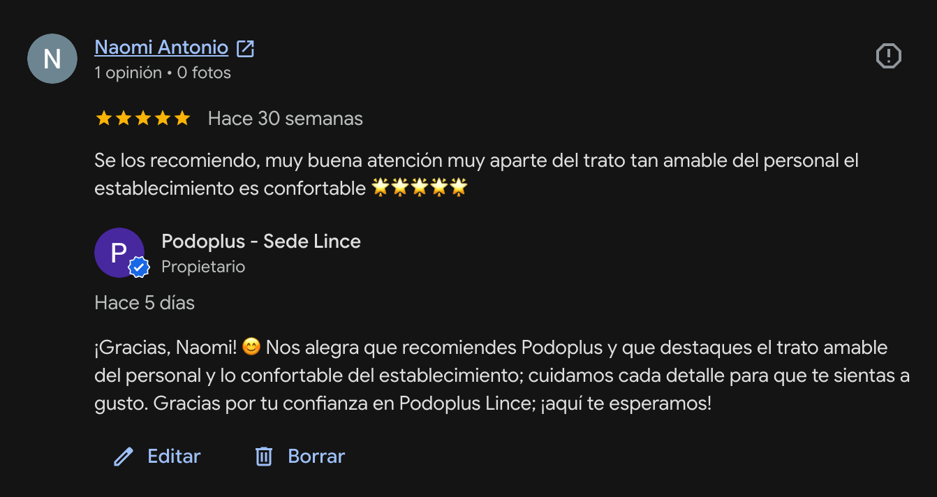 Reseña en Google de un paciente de Podoplus Lince