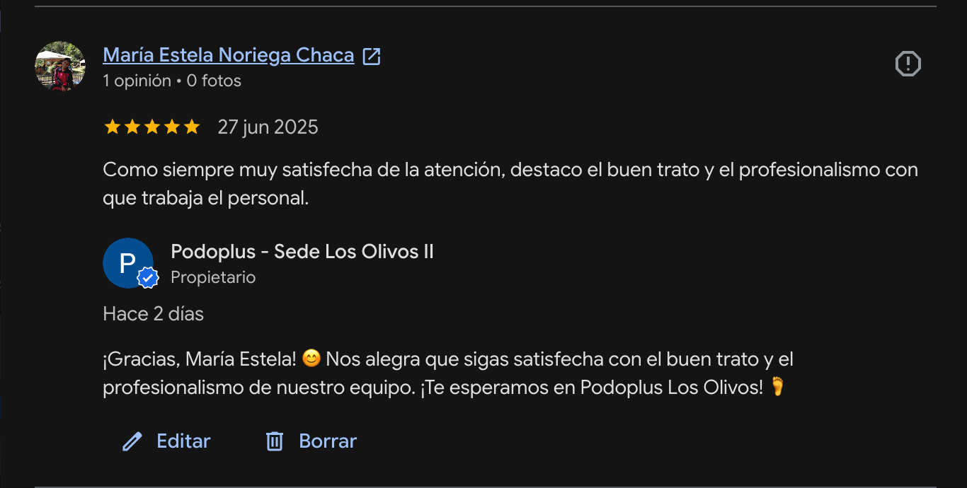 Reseña en Google de un paciente de Podoplus Los Olivos
