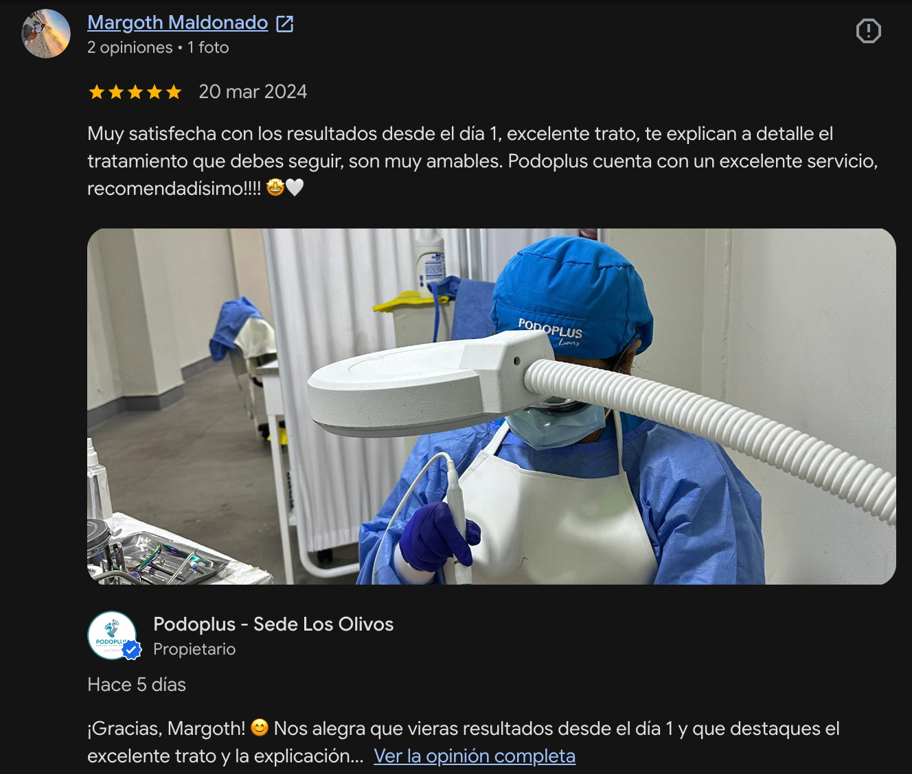 Reseña en Google de un paciente de Podoplus Los Olivos