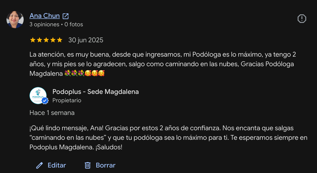 Reseña en Google de un paciente de Podoplus Magdalena