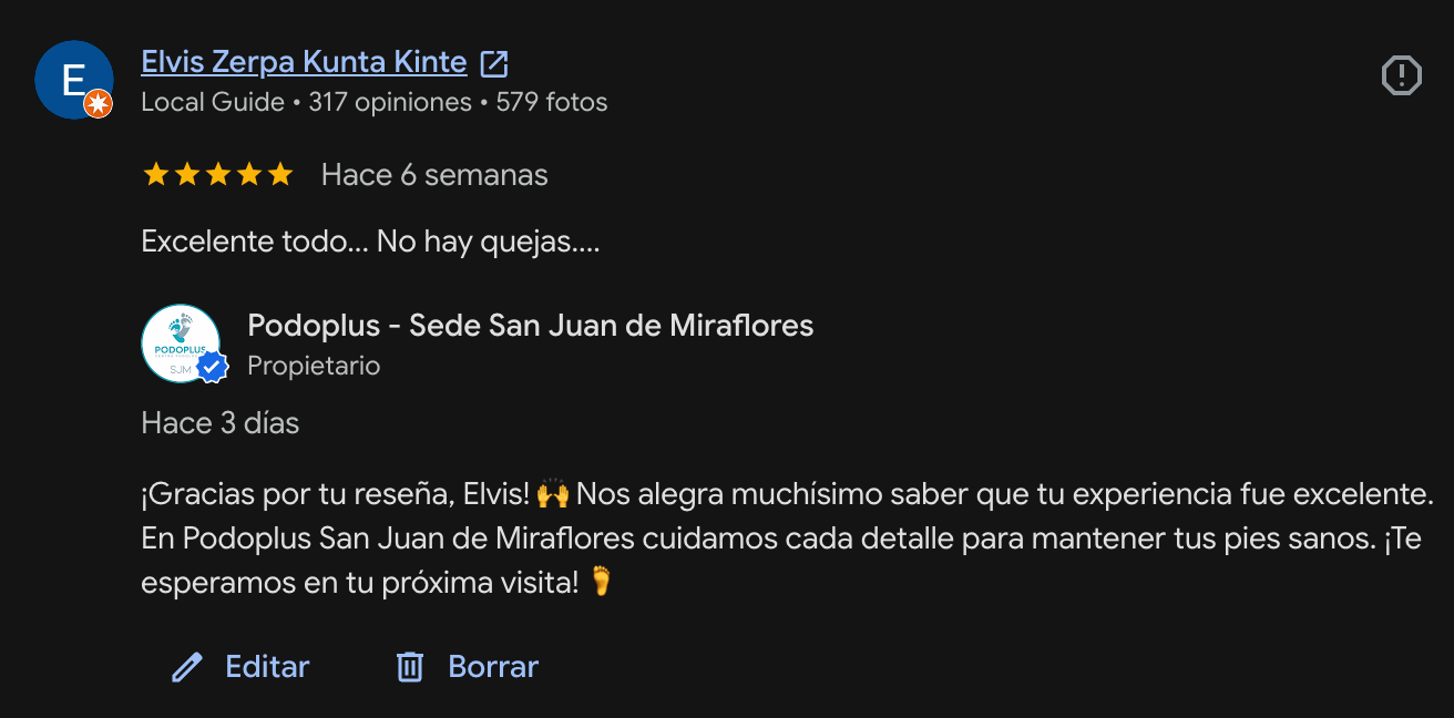 Reseña en Google de un paciente de Podoplus San Juan de Miraflores