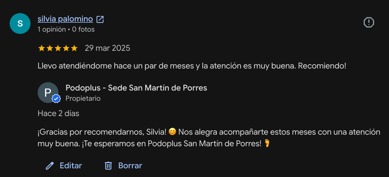 Reseña en Google de un paciente de Podoplus San Martín de Porres