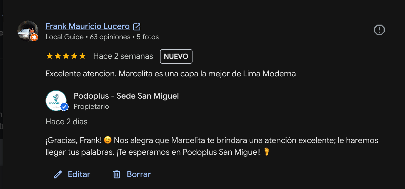 Reseña en Google de un paciente de Podoplus San Miguel