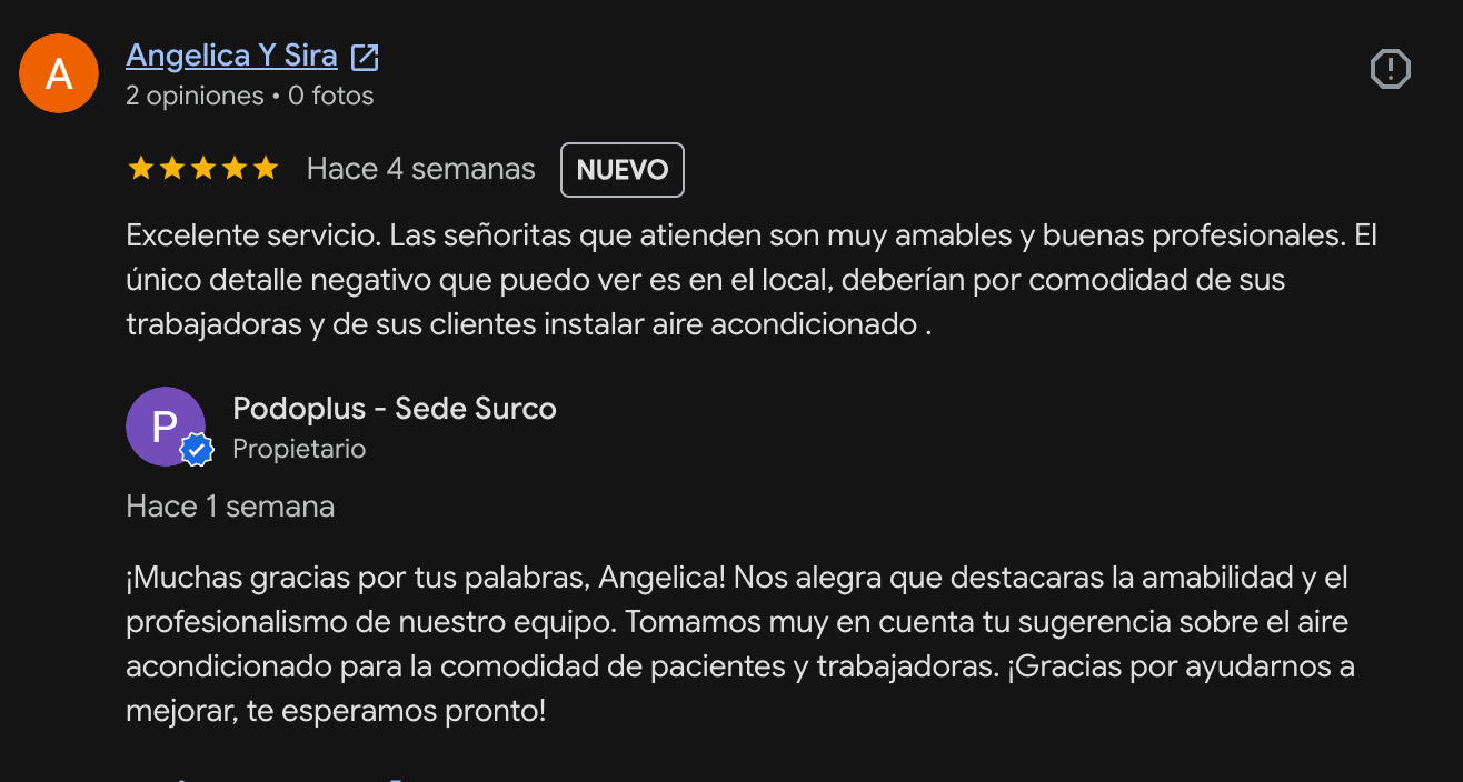 Reseña en Google de un paciente de Podoplus Surco
