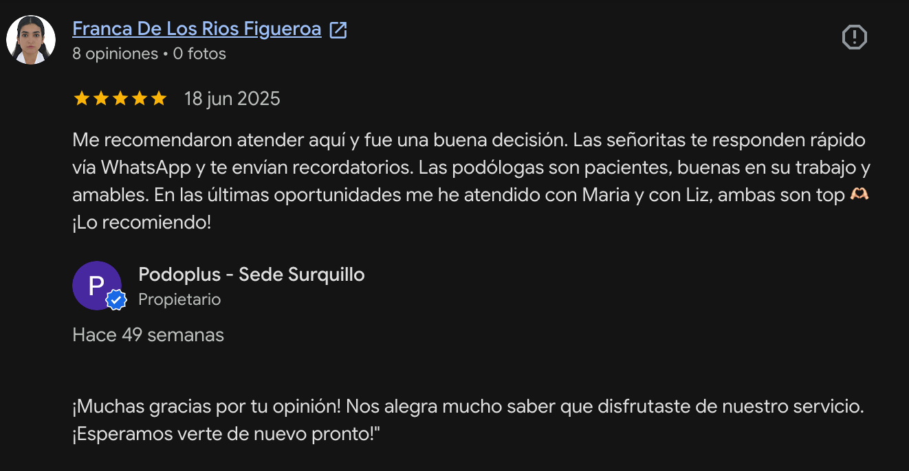 Reseña en Google de un paciente de Podoplus Surquillo