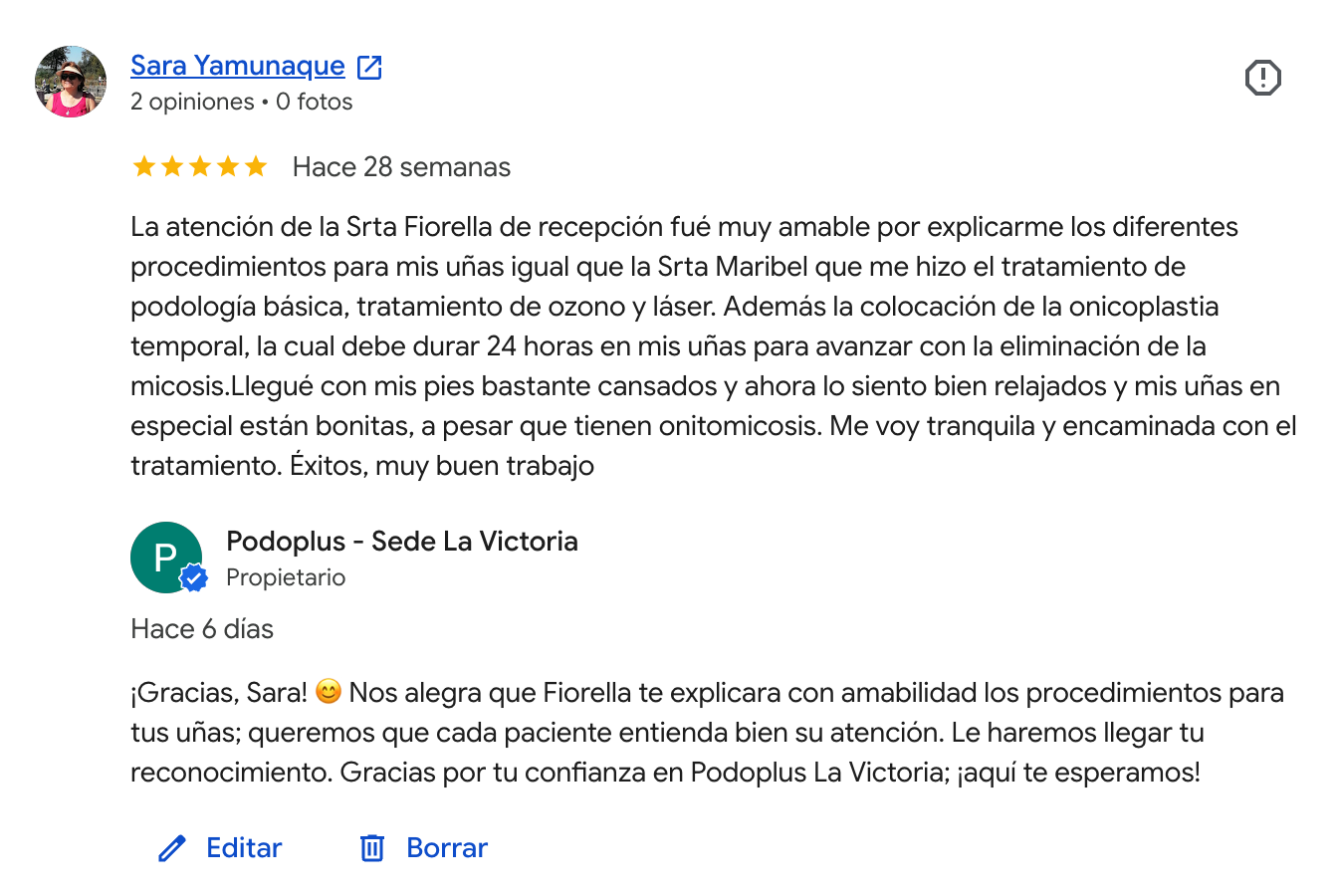 Reseña en Google de un paciente de Podoplus La Victoria